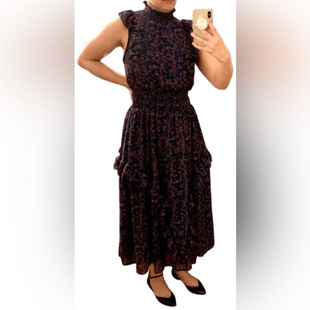 Worn 2x Lulu's Navy Blue Floral Mock Neck Midi Dress